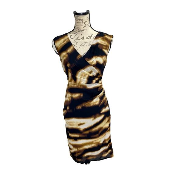 Y2K Ann Taylor Ruched Silk Sheath Mini Dress Black Brown Abstract Print Sz 0 - Picture 2 of 10